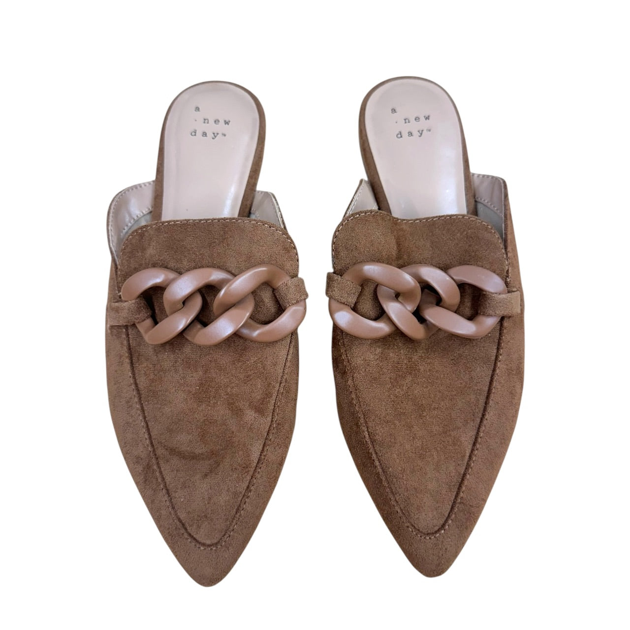 A New Day Faux Suede Mules Brown Pointed Toe Slides with Chain Accent NWOT