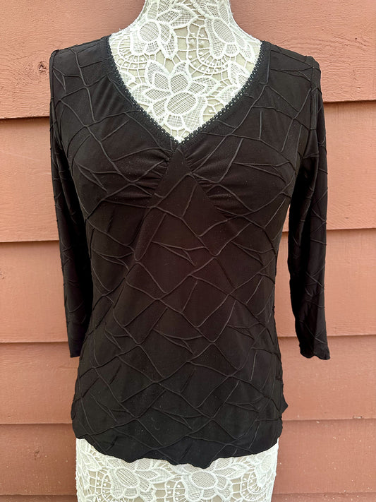 Wrapper Black Textured V-Neck Long Sleeve Top Casual Office Wear