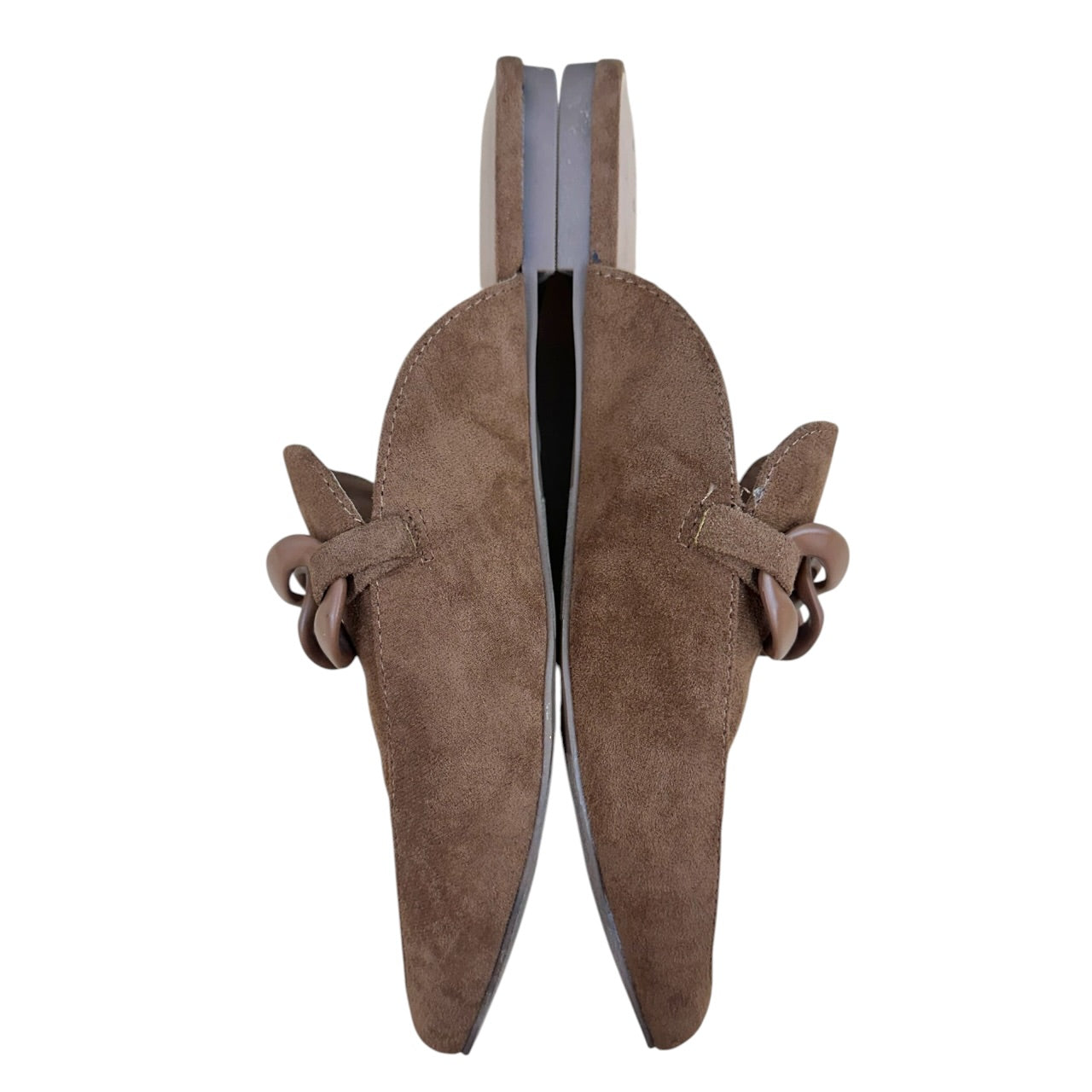 A New Day Faux Suede Mules Brown Pointed Toe Slides with Chain Accent NWOT