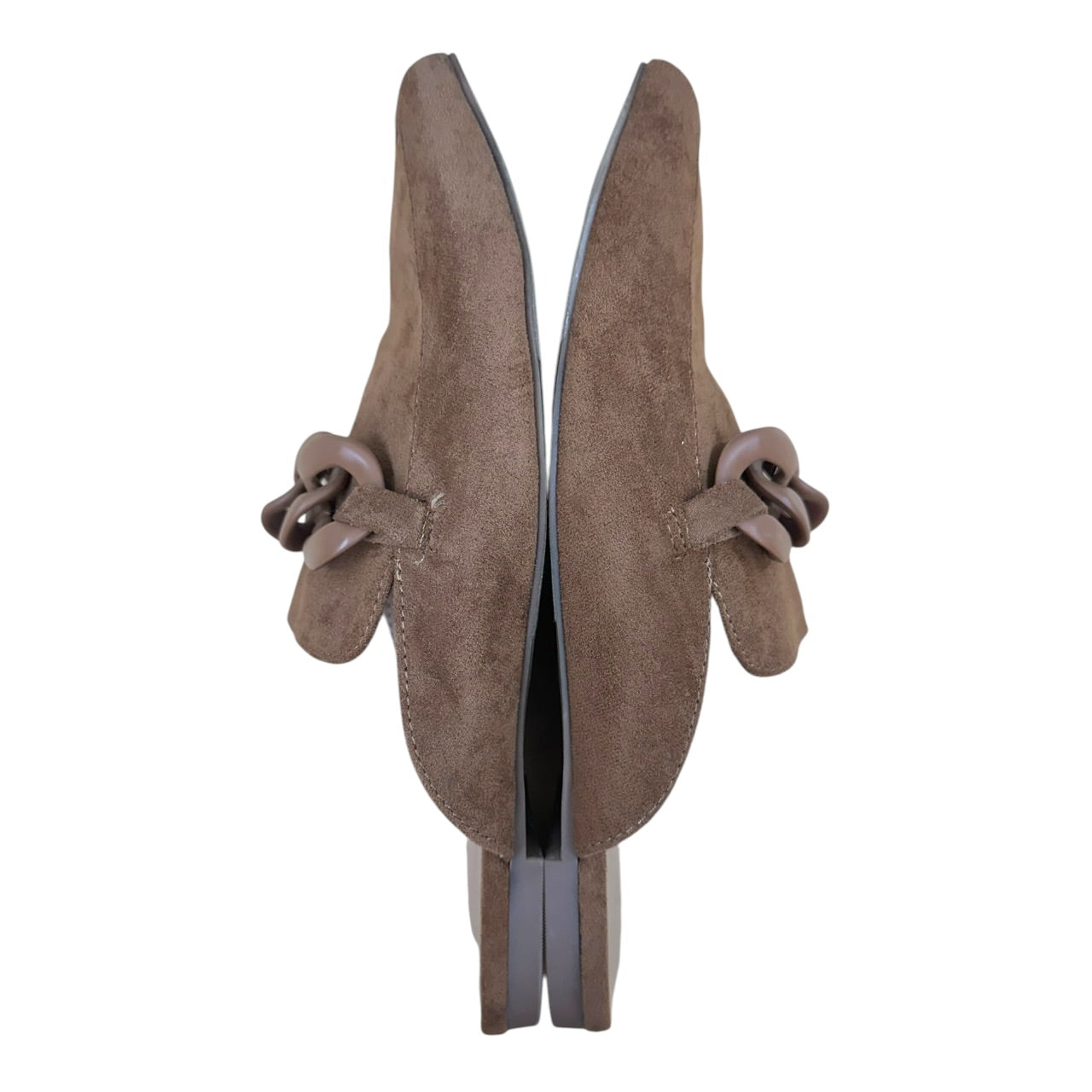 A New Day Faux Suede Mules Brown Pointed Toe Slides with Chain Accent NWOT