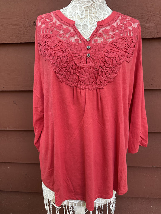 Style & Co. Coral Lace Detail Bohemian 3/4 Sleeve Top