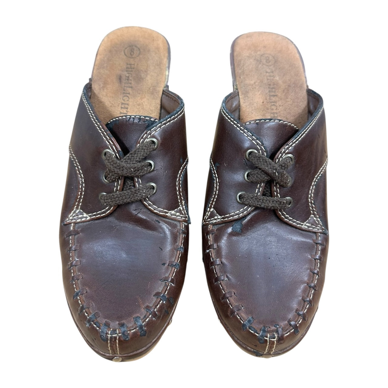 Vintage Y2K Boho Highlights Brown Leather Heeled Mules Moccasin Clogs