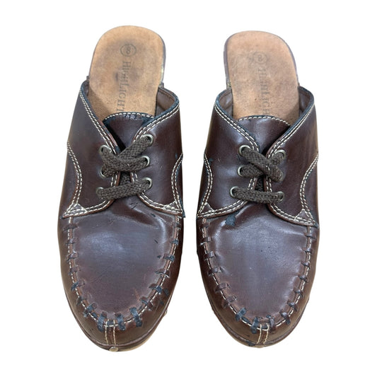Vintage Y2K Boho Highlights Brown Leather Heeled Mules Moccasin Clogs