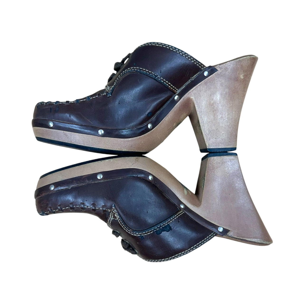Vintage Y2K Boho Highlights Brown Leather Heeled Mules Moccasin Clogs