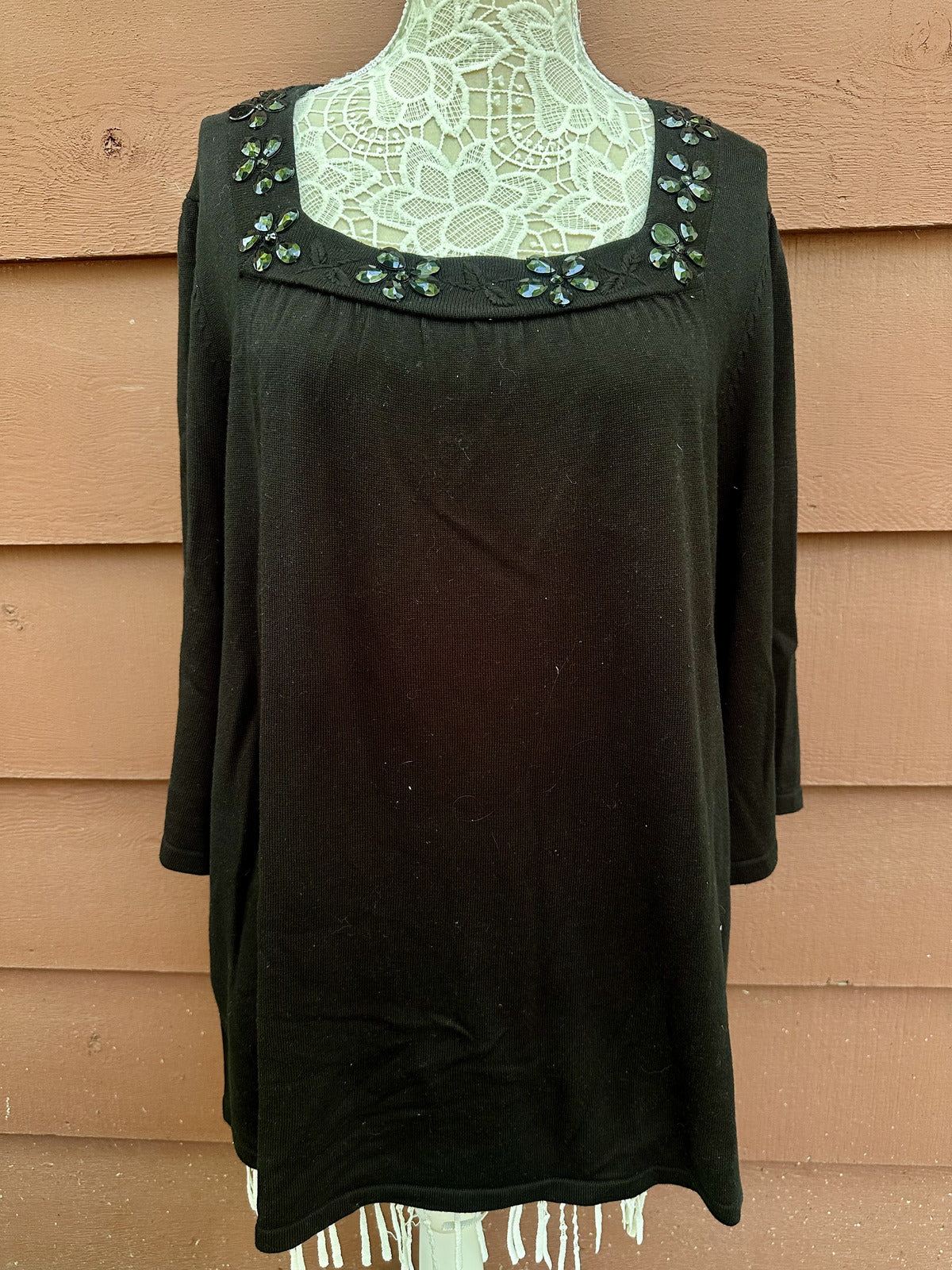 Maggie Barnes Black Floral Beaded Square Neck Tunic Top Y2K Fairycore Boho Style