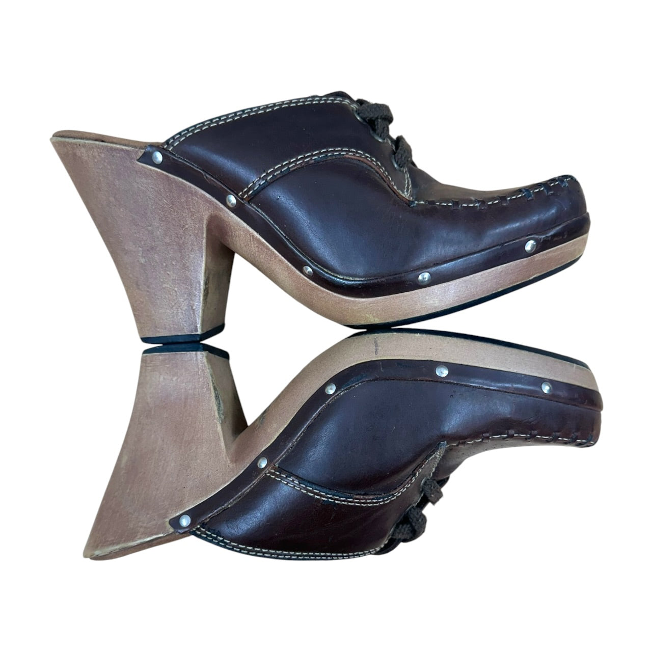 Vintage Y2K Boho Highlights Brown Leather Heeled Mules Moccasin Clogs
