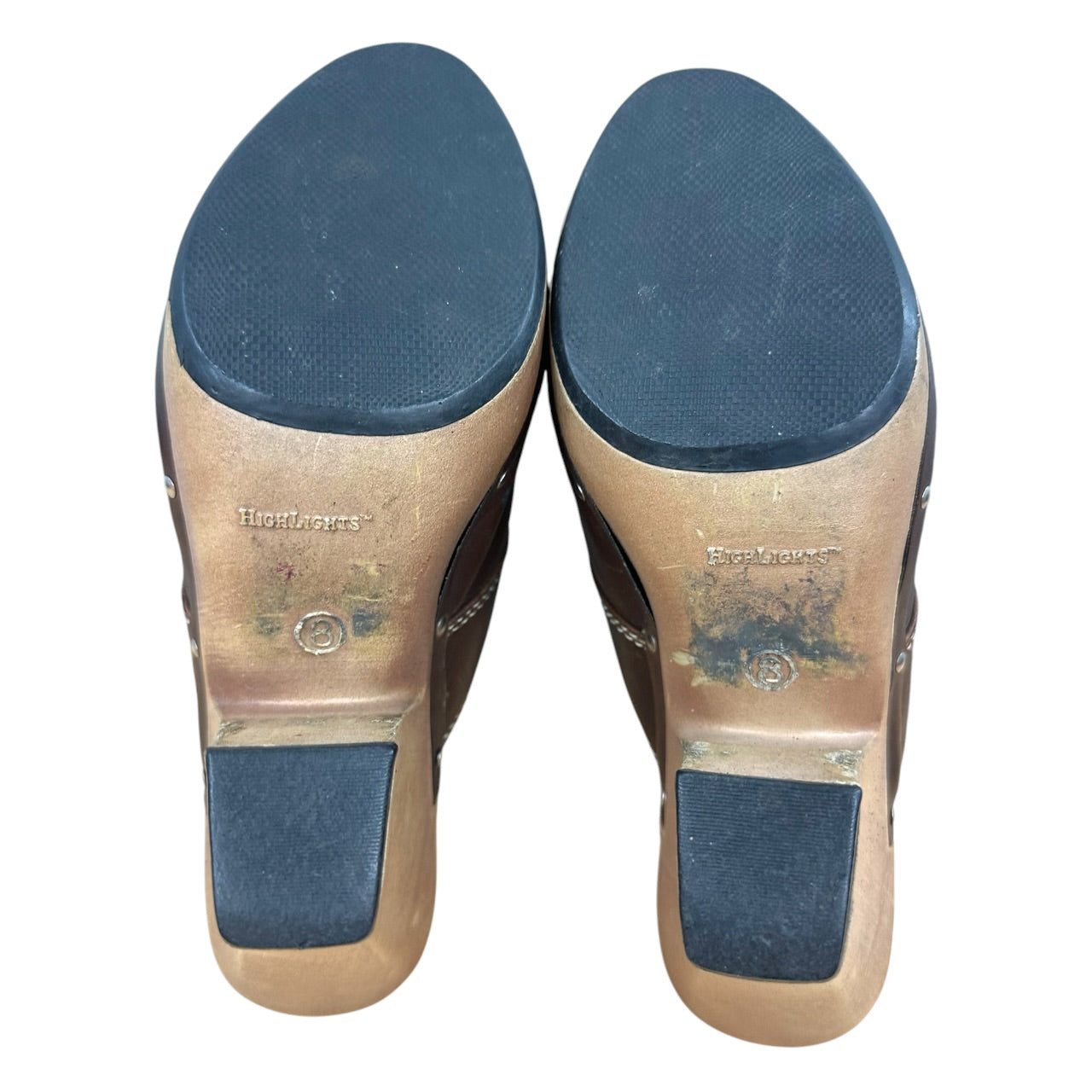 Vintage Y2K Boho Highlights Brown Leather Heeled Mules Moccasin Clogs