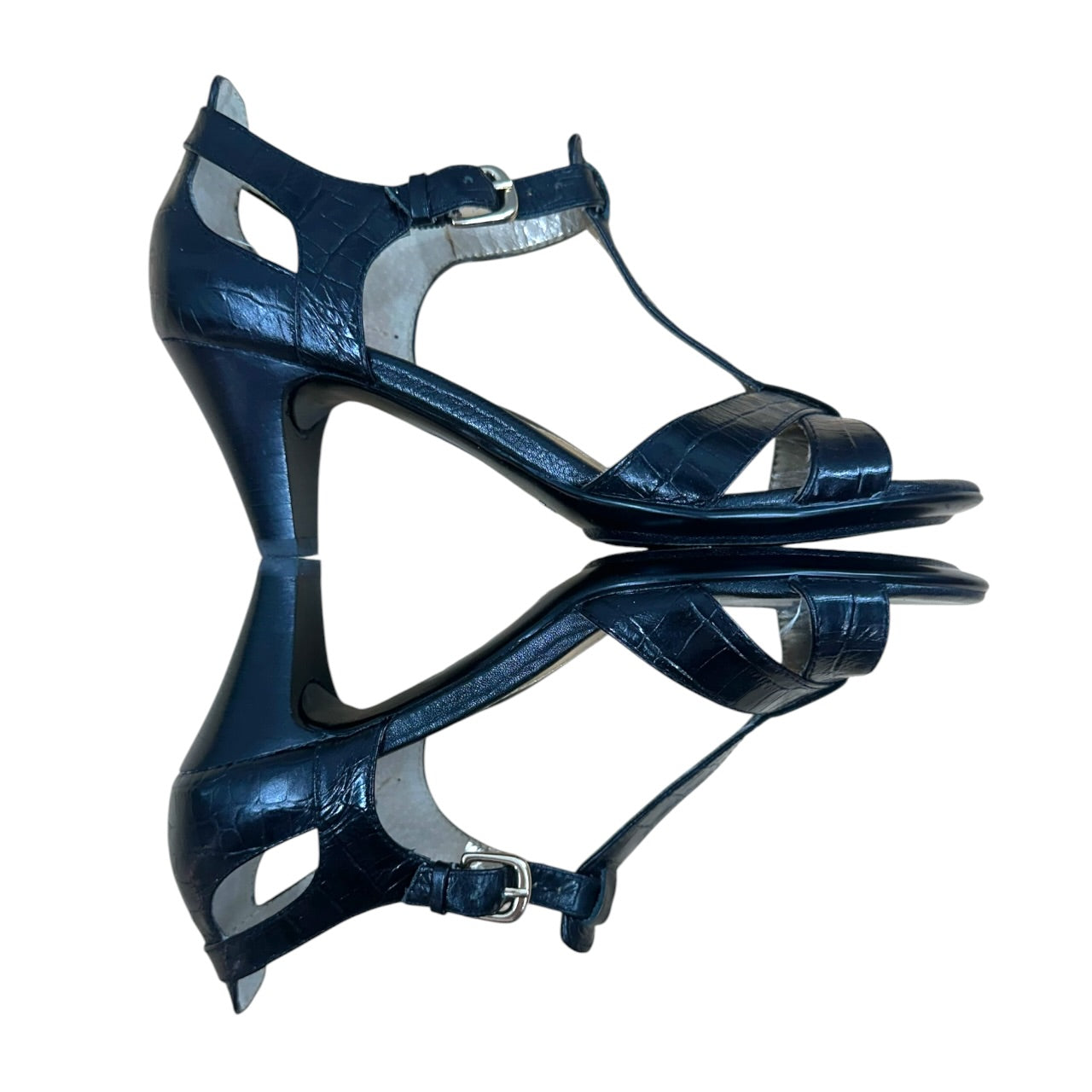 intage Sofft Black Croc Embossed T Strap Open Toe Sandals Heels