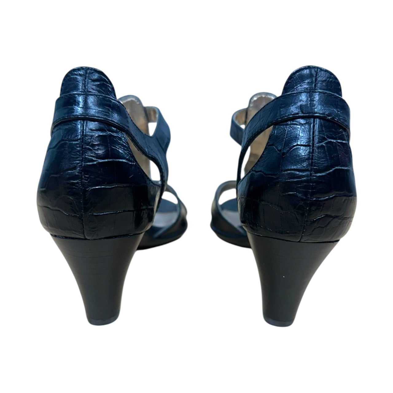 intage Sofft Black Croc Embossed T Strap Open Toe Sandals Heels