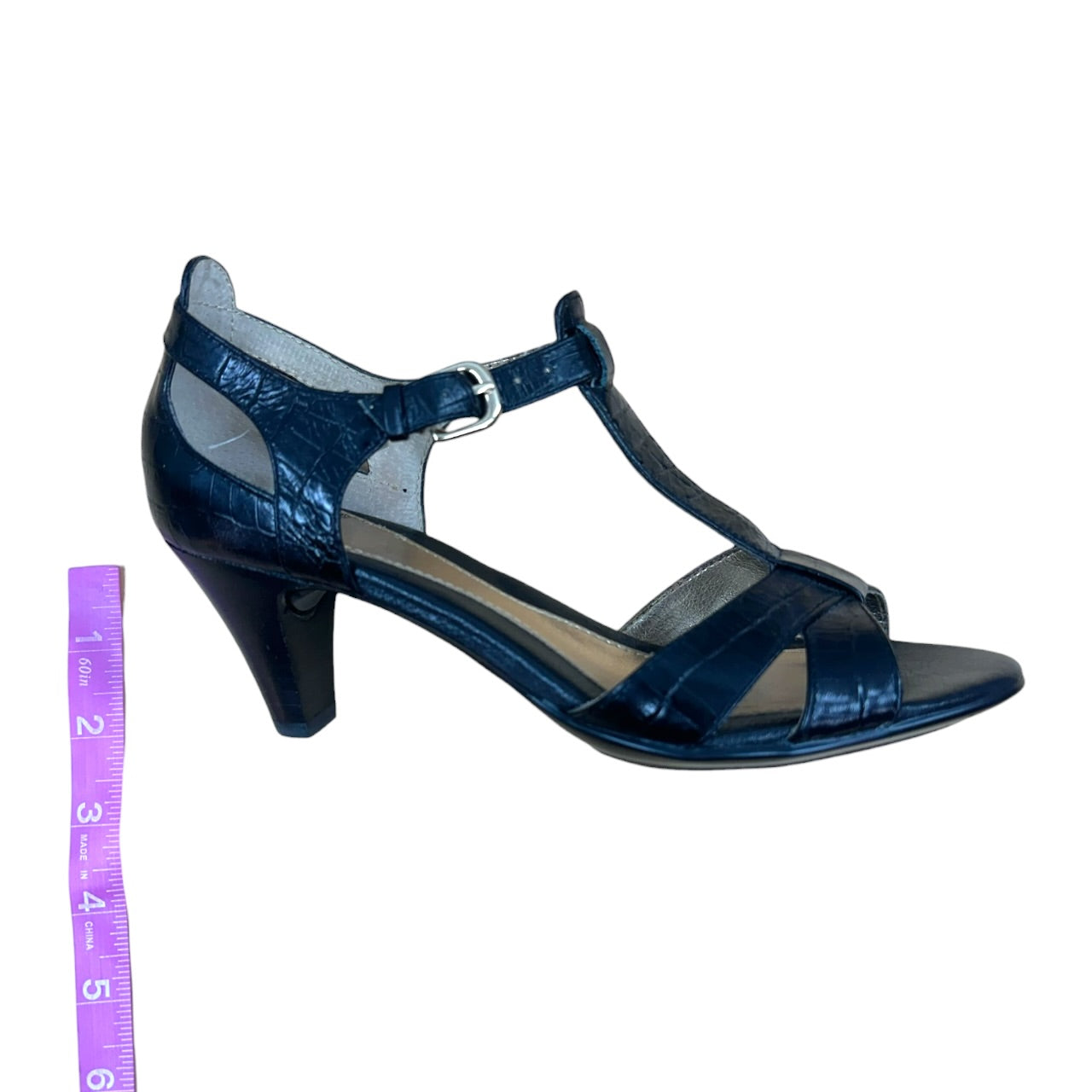 intage Sofft Black Croc Embossed T Strap Open Toe Sandals Heels