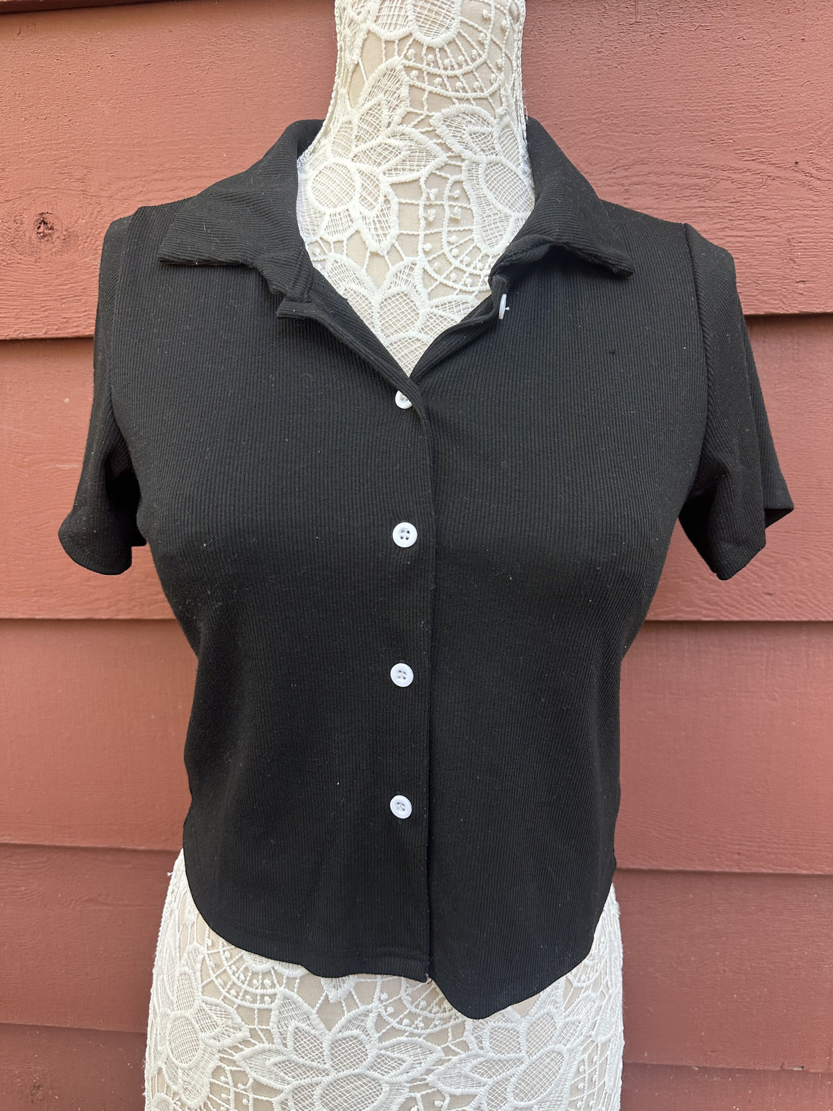 DAZY Black Ribbed Knit Polo Top Y2K Minimalist Retro Collar Short Sleeve