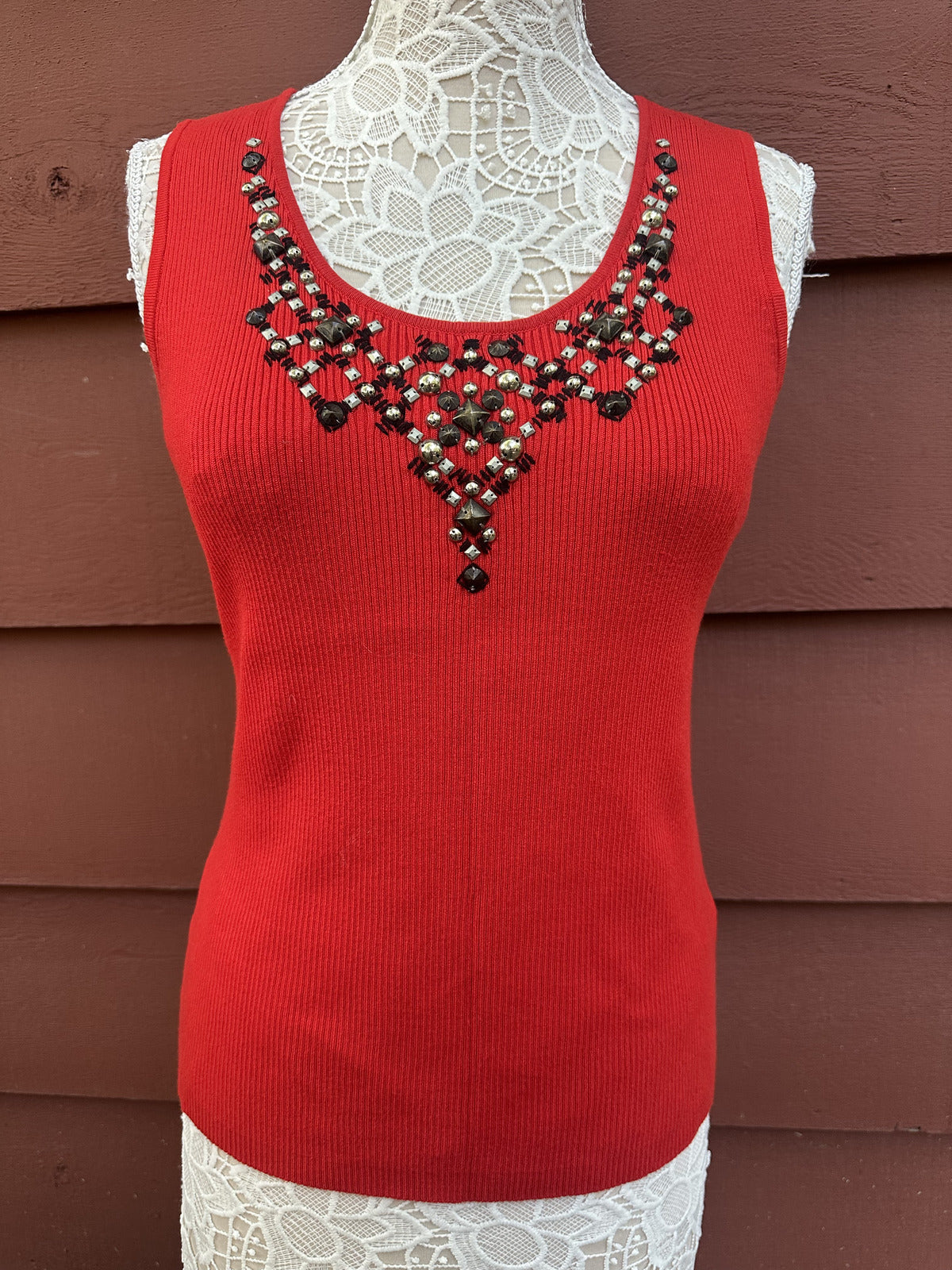 Ruby Rd. Red Ribbed Tank Top with Beaded V Neckline Y2K Indie Whimsigoth