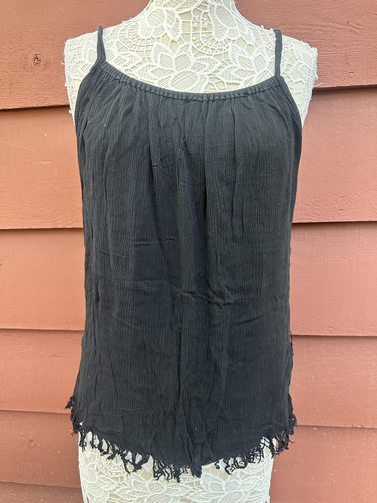 Black Crinkle Fringe Tank Top Bohemian Indie Fairycore