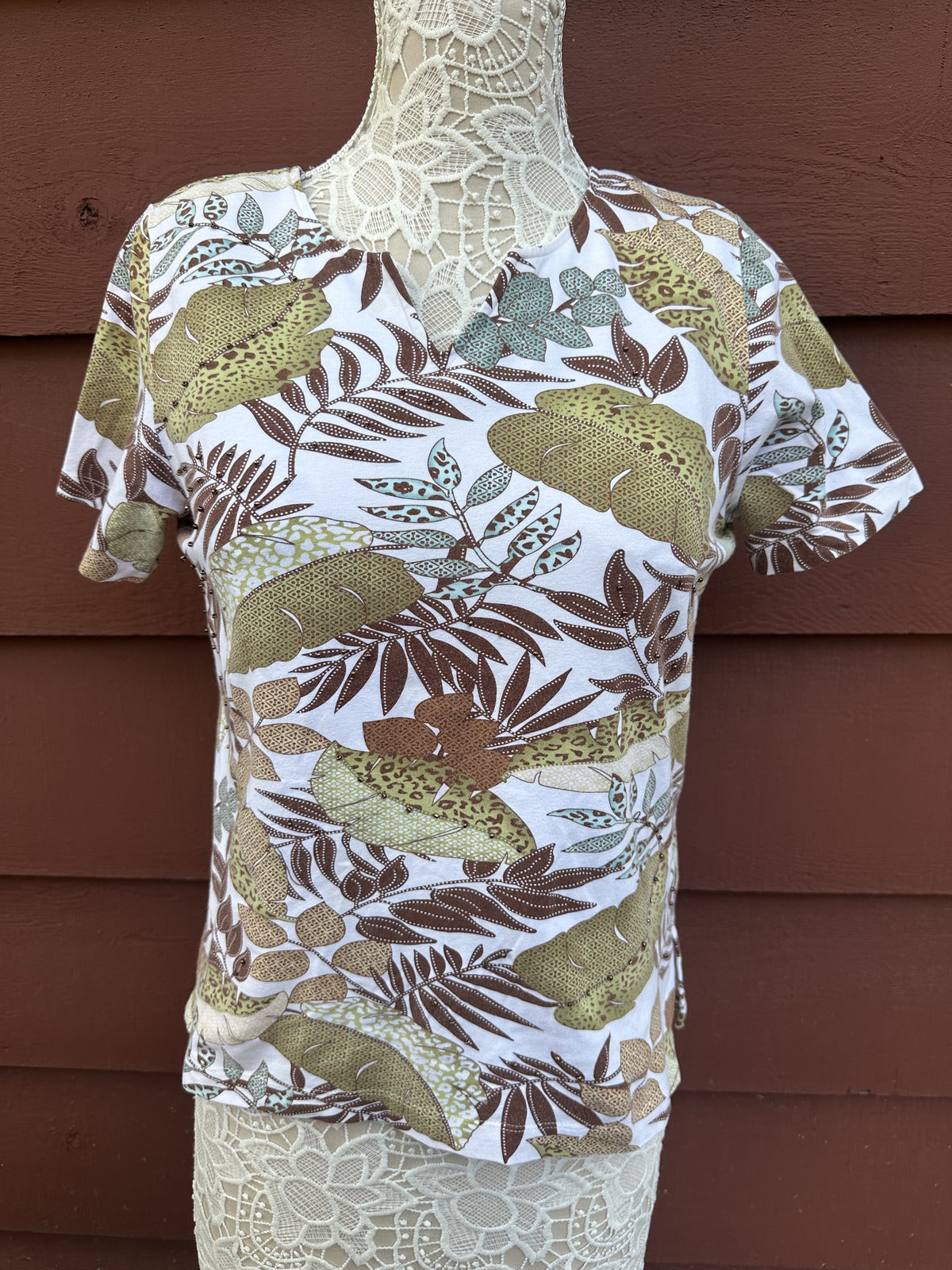 Alfred Dunner Tropical Leaf Print Short Sleeve Top Boho Retro Summer