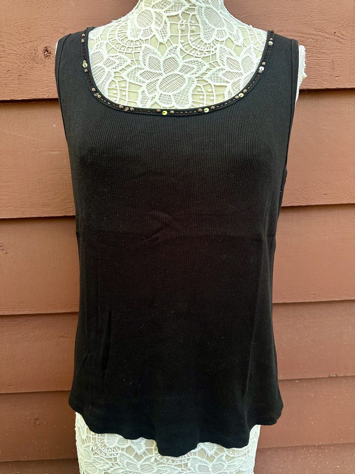 St. John's Bay Y2K Black Ribbed Tank Top with Beaded Neckline