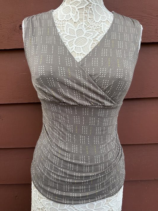 Banana Republic Sleeveless Ruched V Neck Dress in Taupe with Subtle Dotted Print