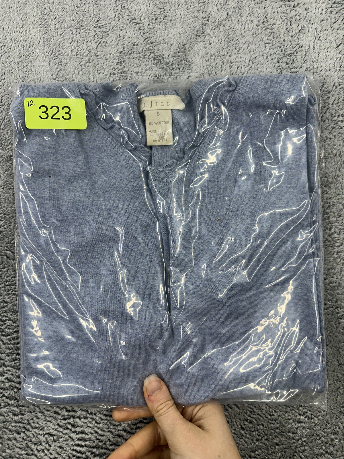 J.Jill Soft Cotton Heathered Blue Gray 3/4 Sleeve Top with Lettuce Trim