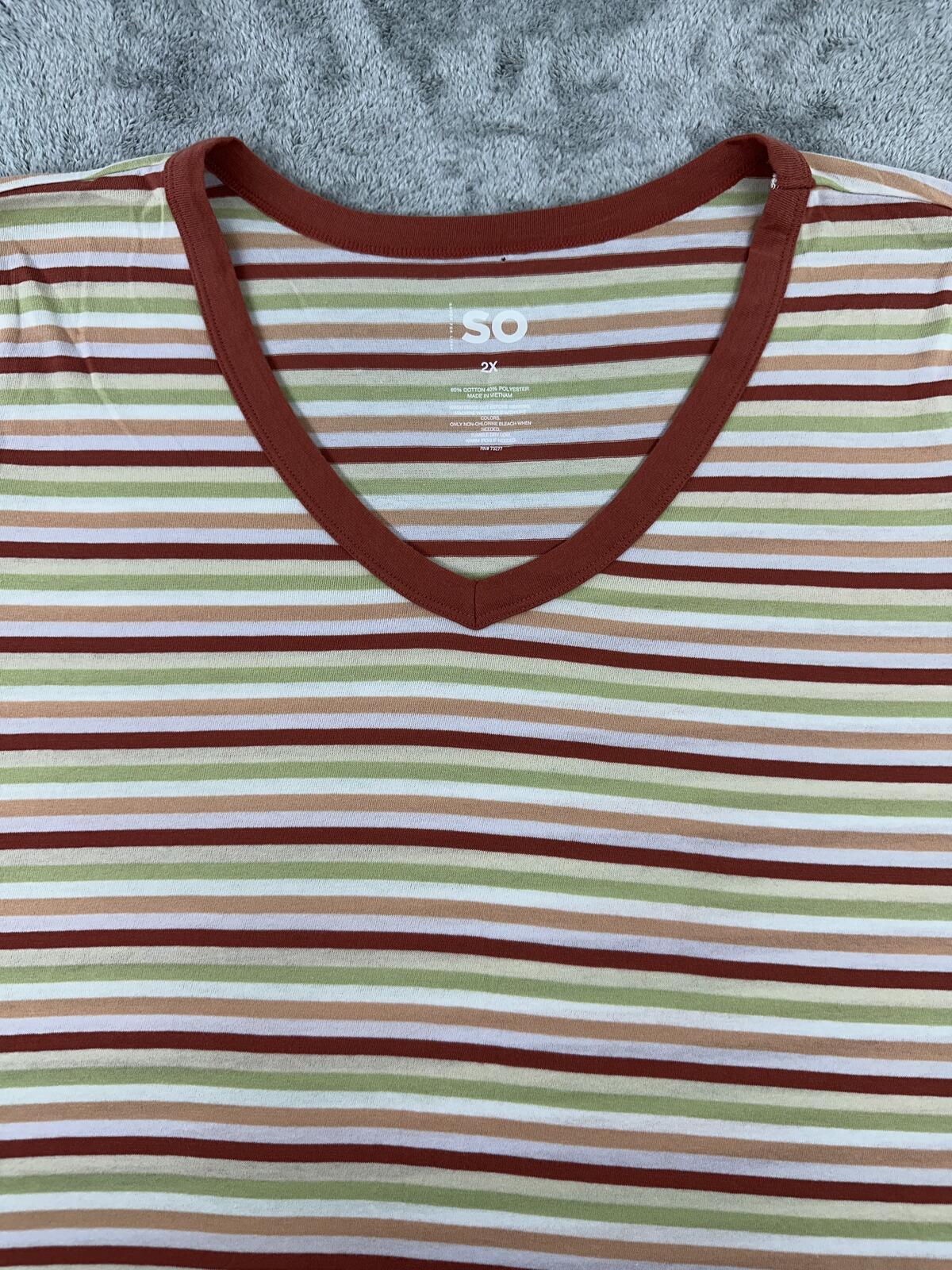 SO Striped V Neck Tee Casual Vintage Inspired Soft Cotton Blend Shirt