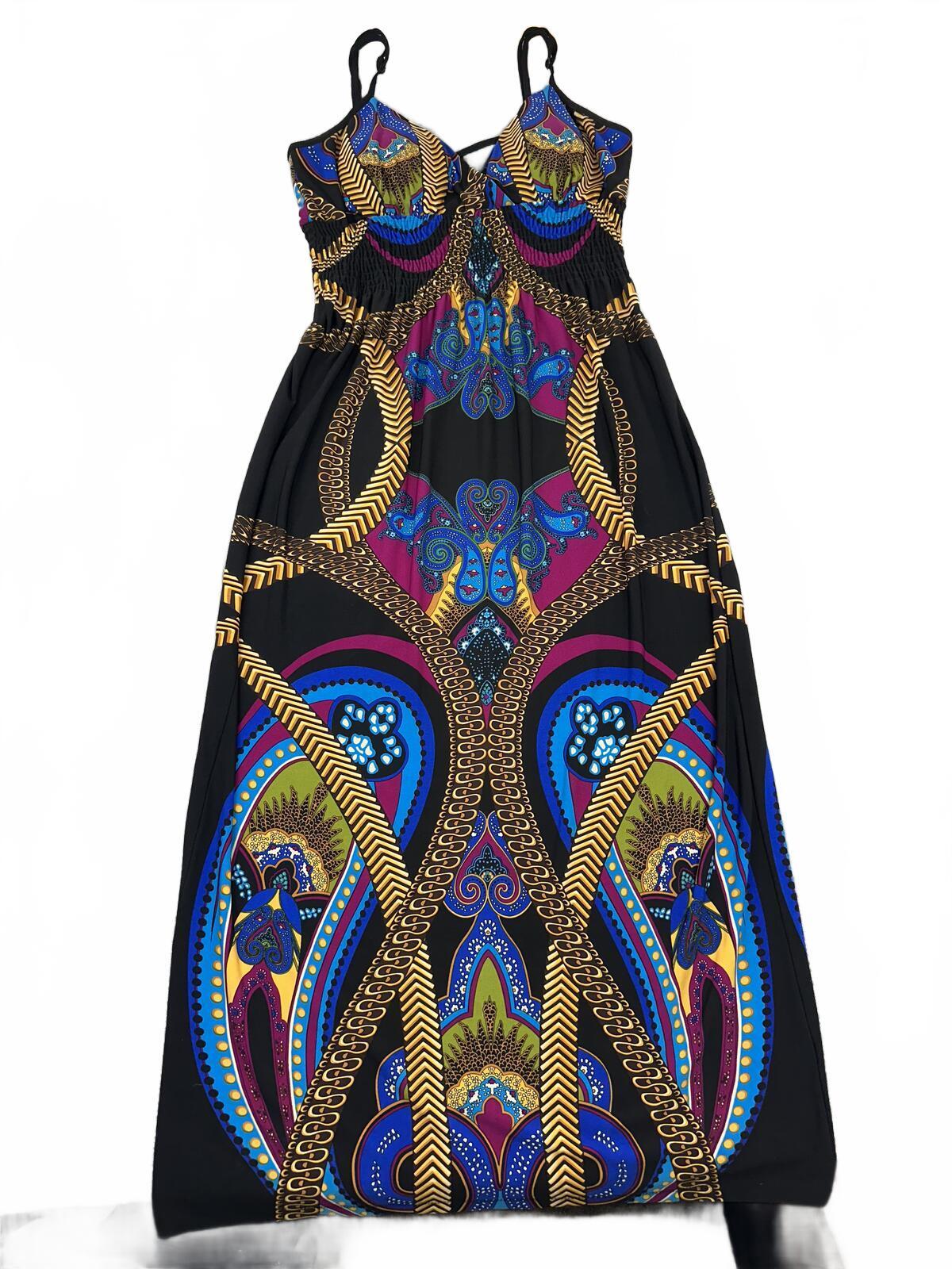 Snap Large Bohemian Maxi Dress with Bold Geometric Print in Black Blue Purple