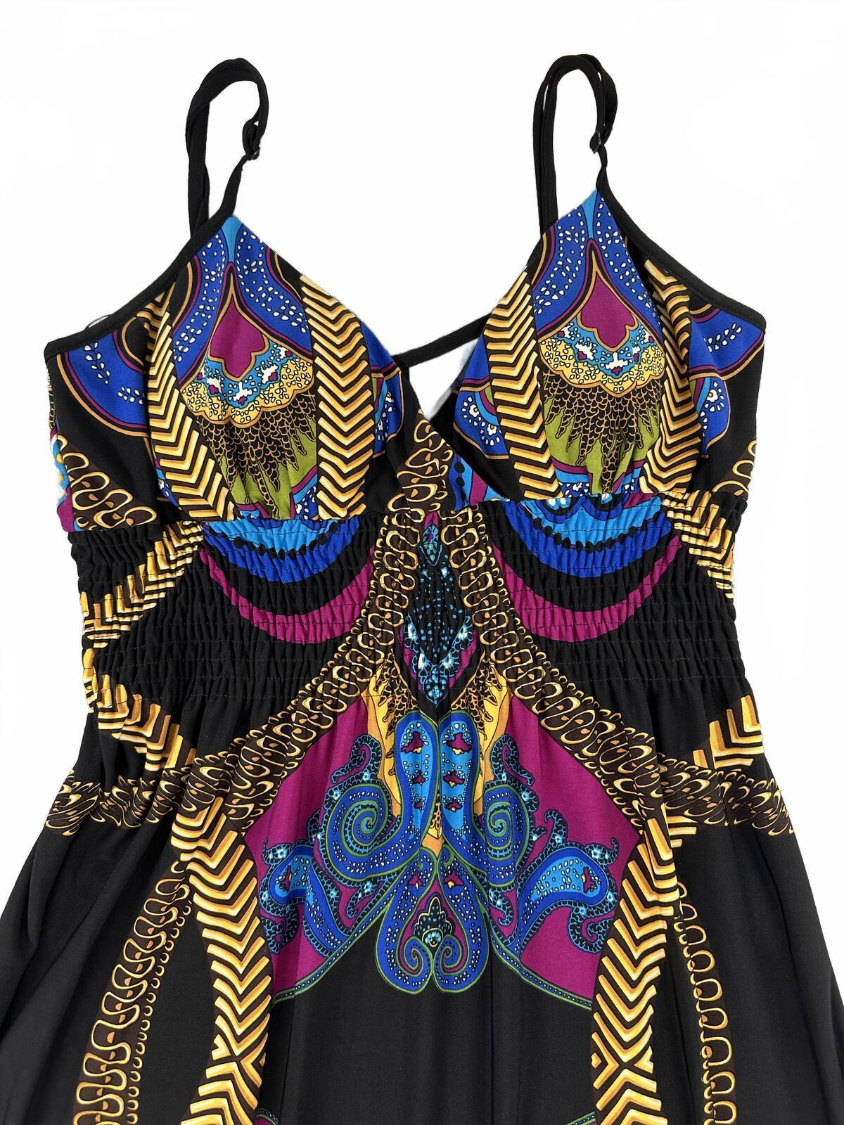 Snap Large Bohemian Maxi Dress with Bold Geometric Print in Black Blue Purple