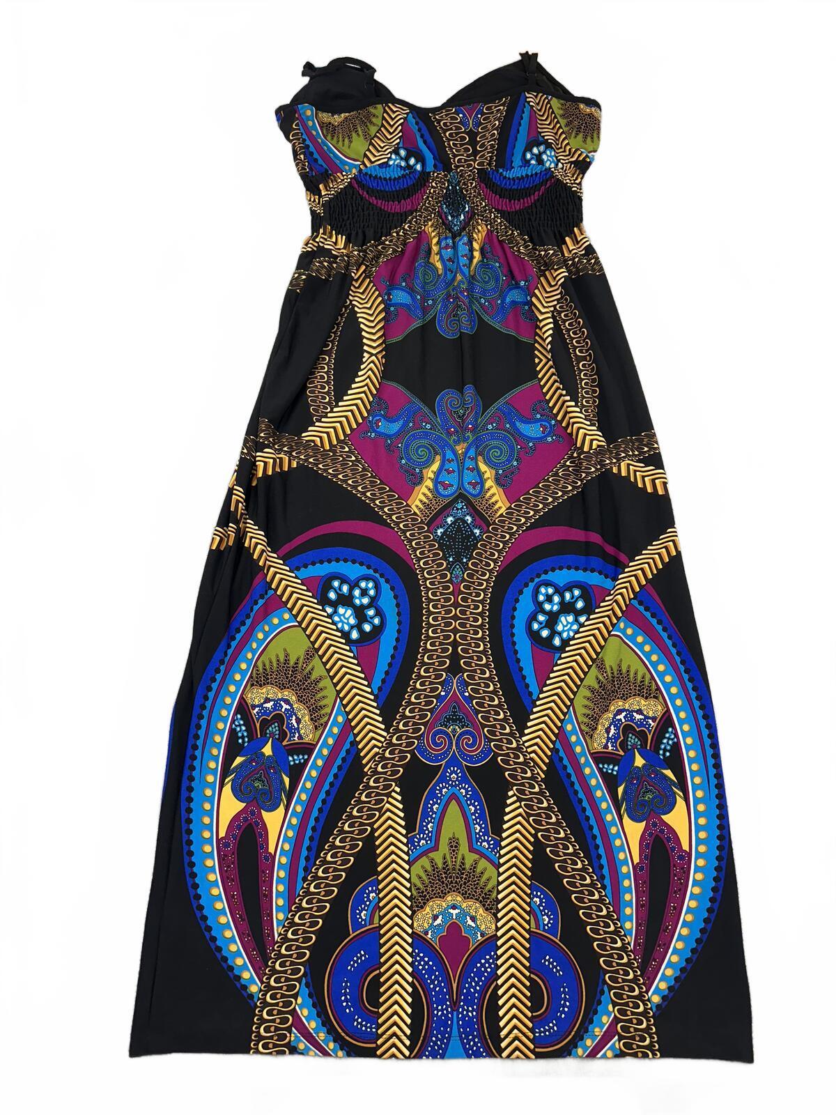 Snap Large Bohemian Maxi Dress with Bold Geometric Print in Black Blue Purple