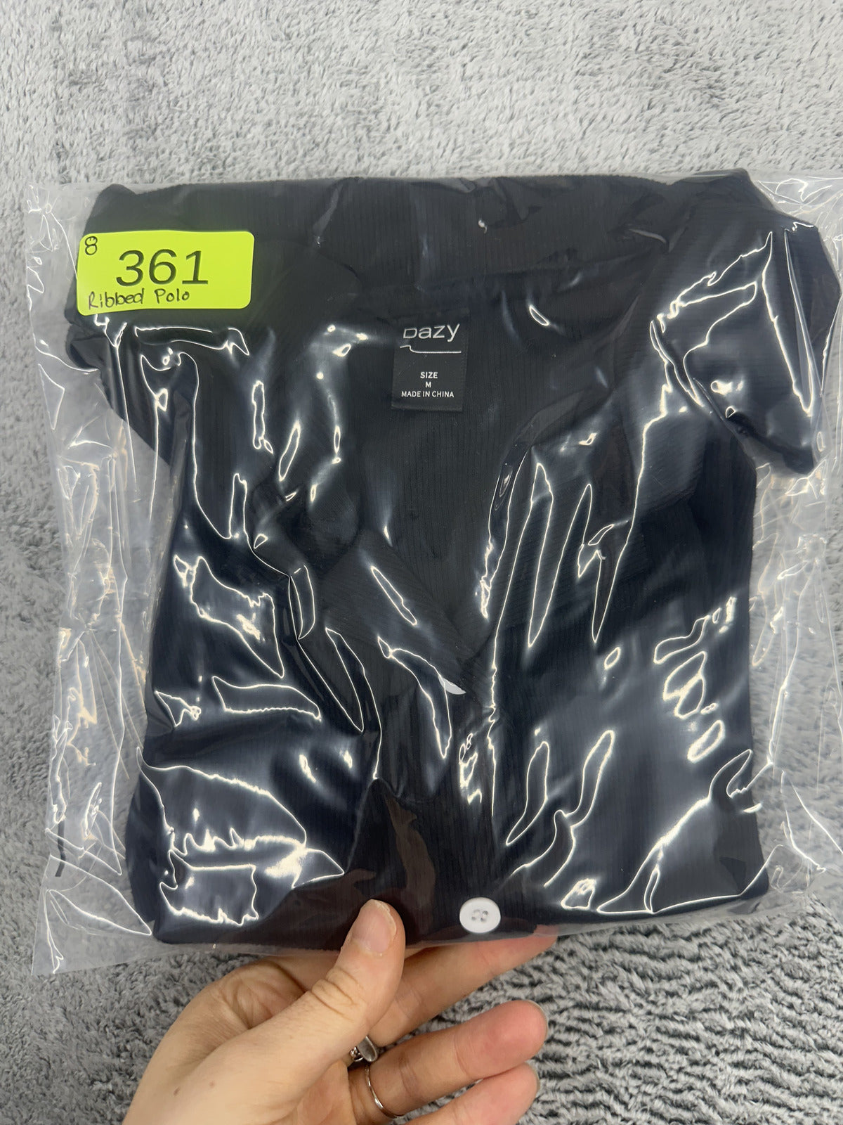 DAZY Black Ribbed Knit Polo Top Y2K Minimalist Retro Collar Short Sleeve