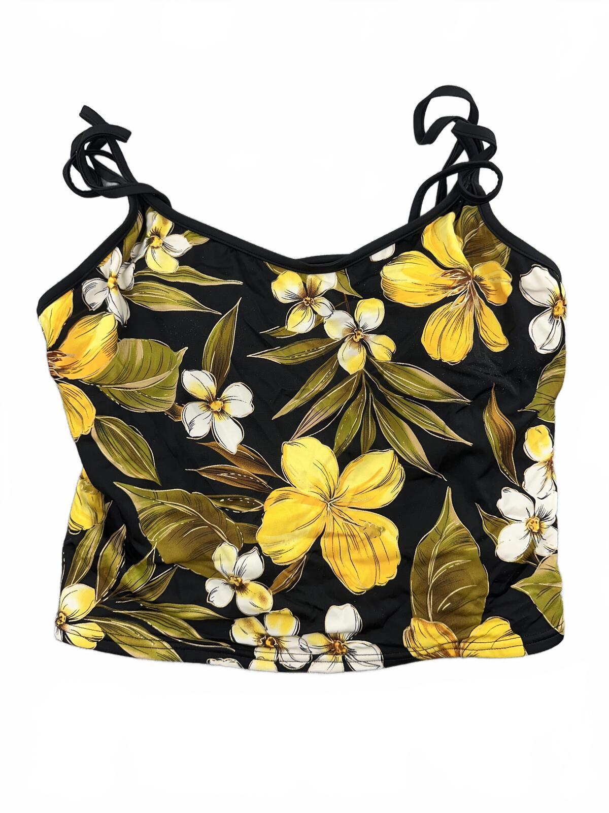 White Stag Tropical Floral Tankini Top in Black Yellow Summer Casual Y2K