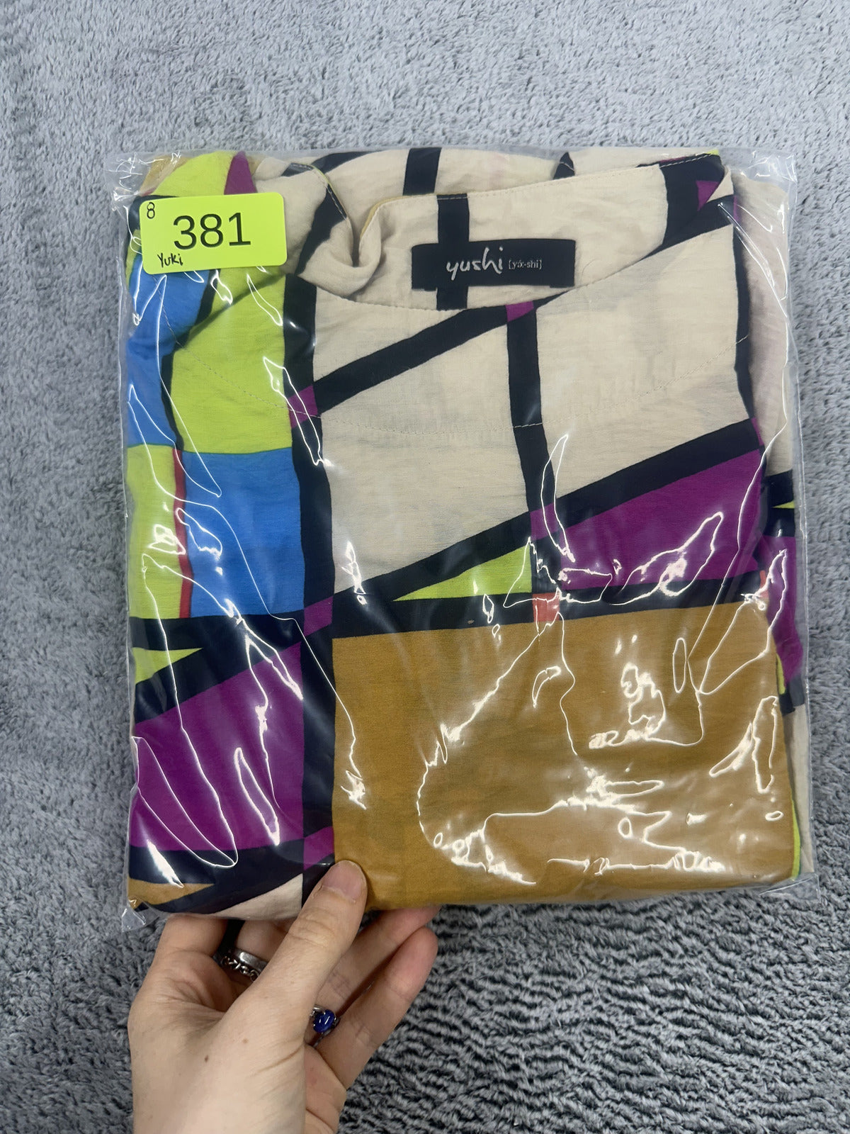 Yushi Multicolor Abstract Geometric Patchwork Top with 3/4 Sleeves Y2K Retro