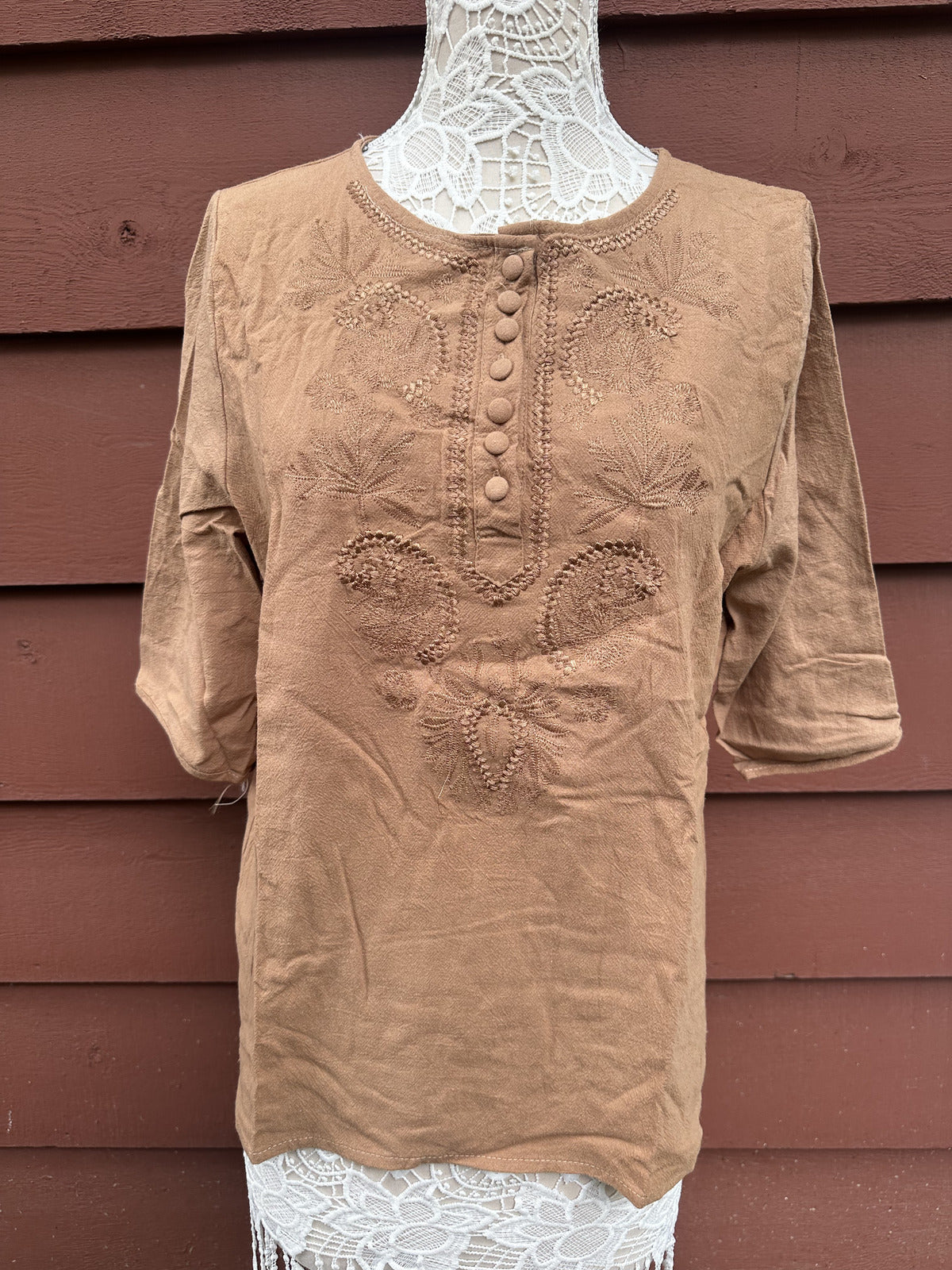Tan Embroidered Bohemian Henley Top 3/4 Sleeves