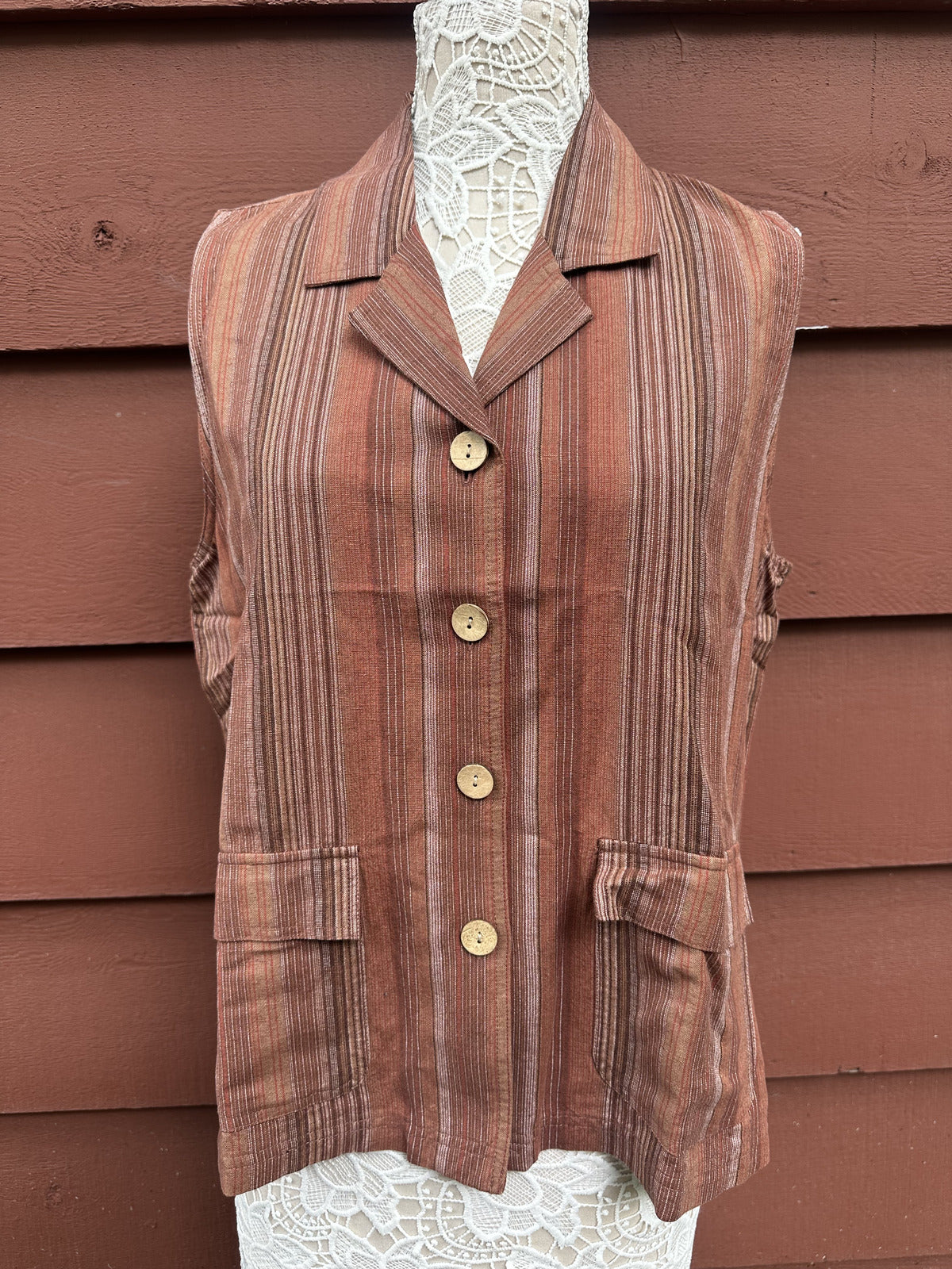 White Stag Vintage Striped Button Up Vest in Earthy Brown and Tan