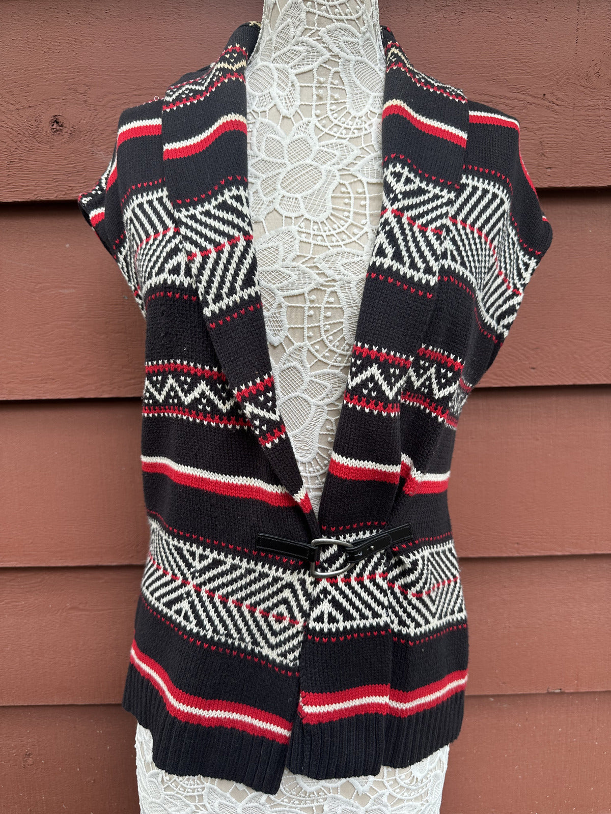 Chaps Geometric Southwestern Sweater Vest with Toggle Closure Black Red White