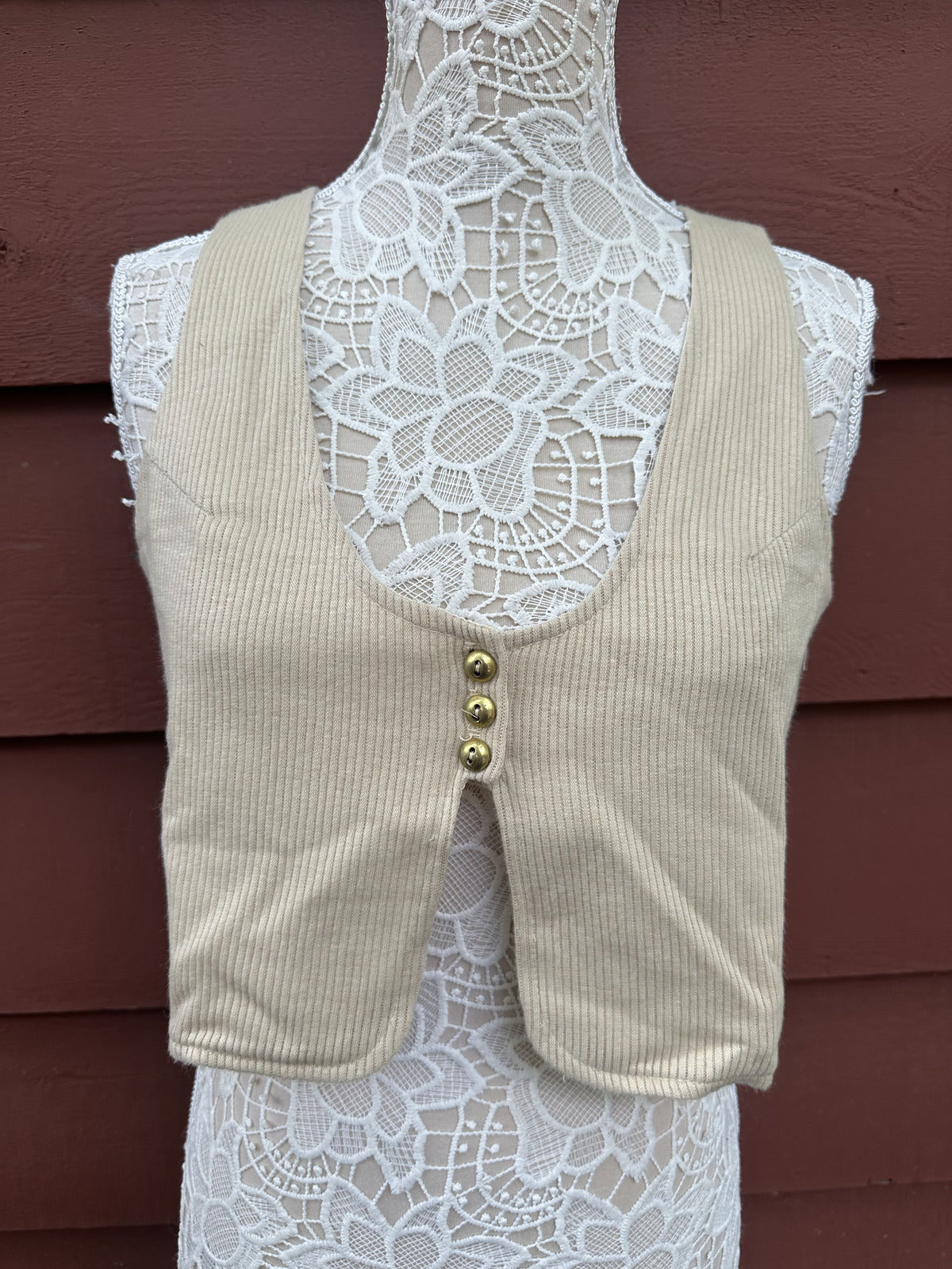 Beige Ribbed Waistcoat Vest with Three Button Closure and V Neck