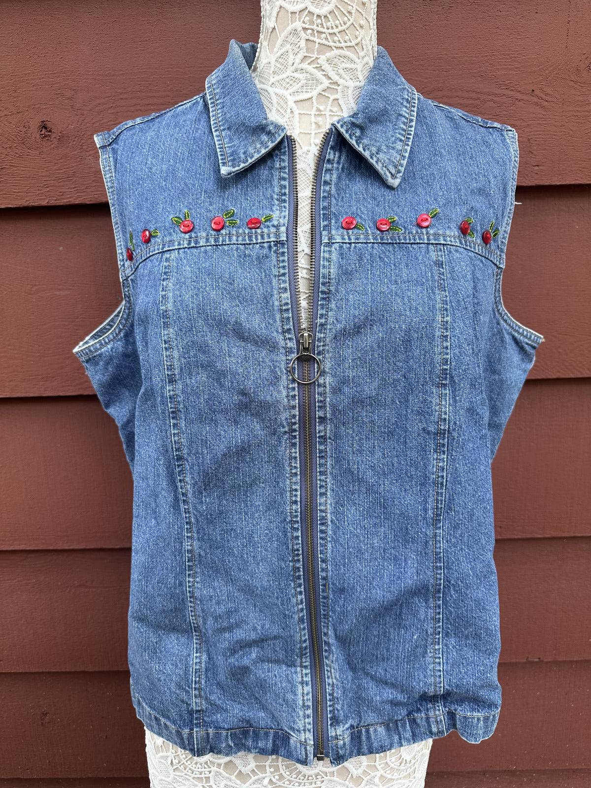 Christopher & Banks Vintage Y2K Cherry Embroidered Denim Vest Wash