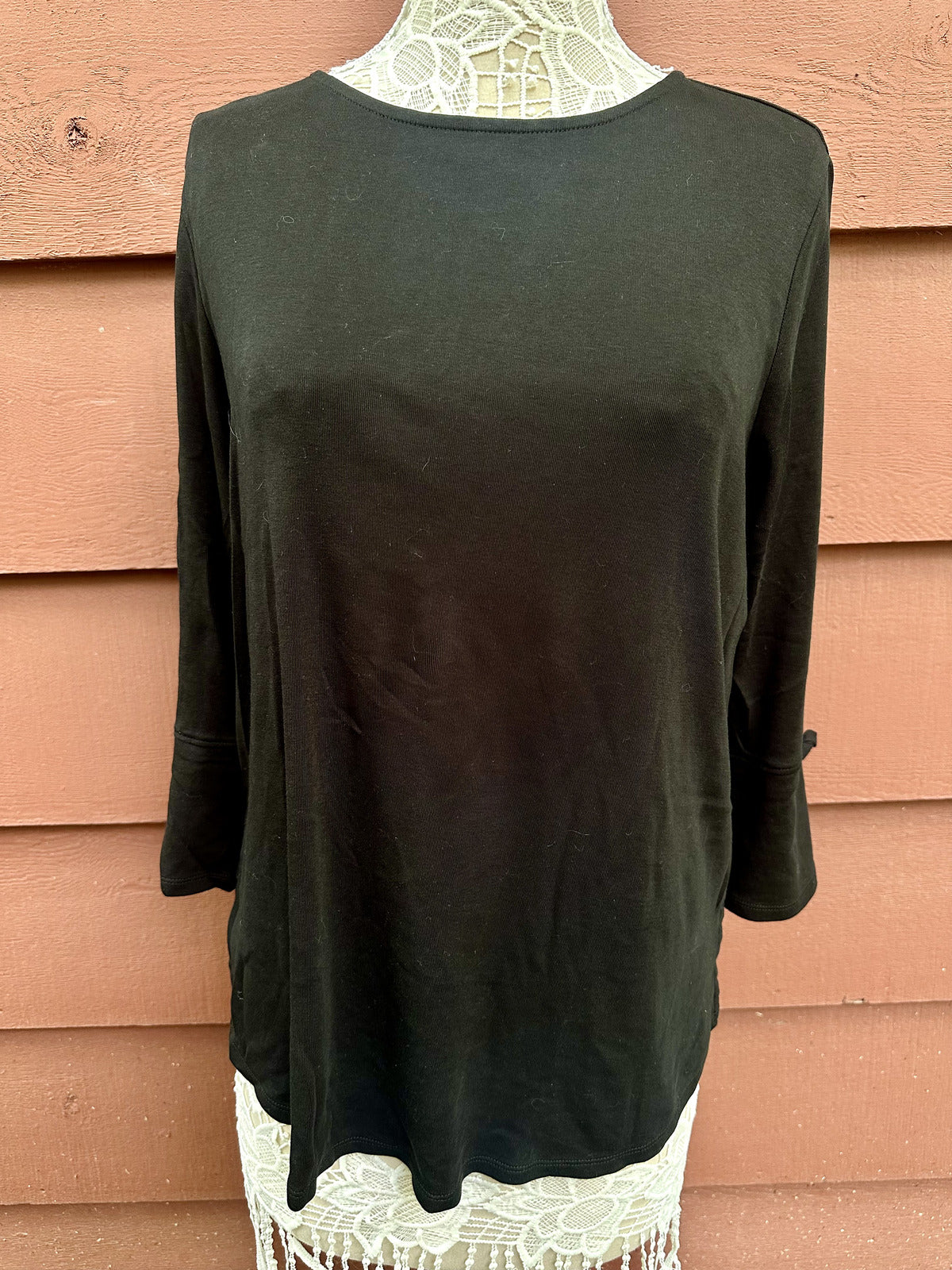 J. Jill Black Bell Sleeve Top with Silver Grommet Tie Detail