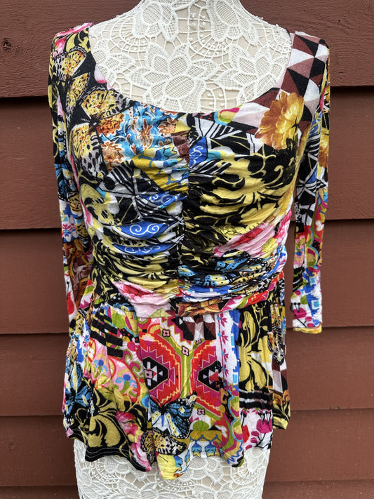 V Cristina Long Sleeve Blouse Multi Color Patchwork Floral Geometric Print
