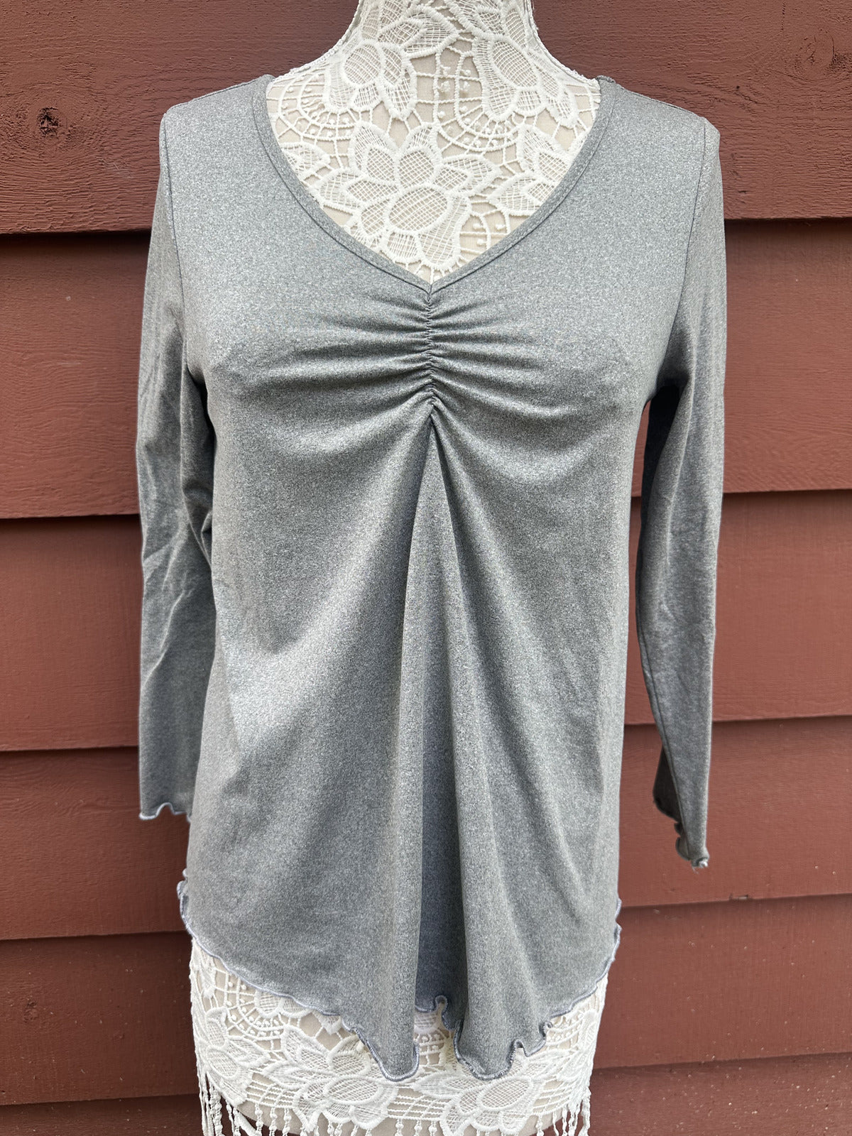 Ekouaer Grey Ruched V Neck Top Y2K Style