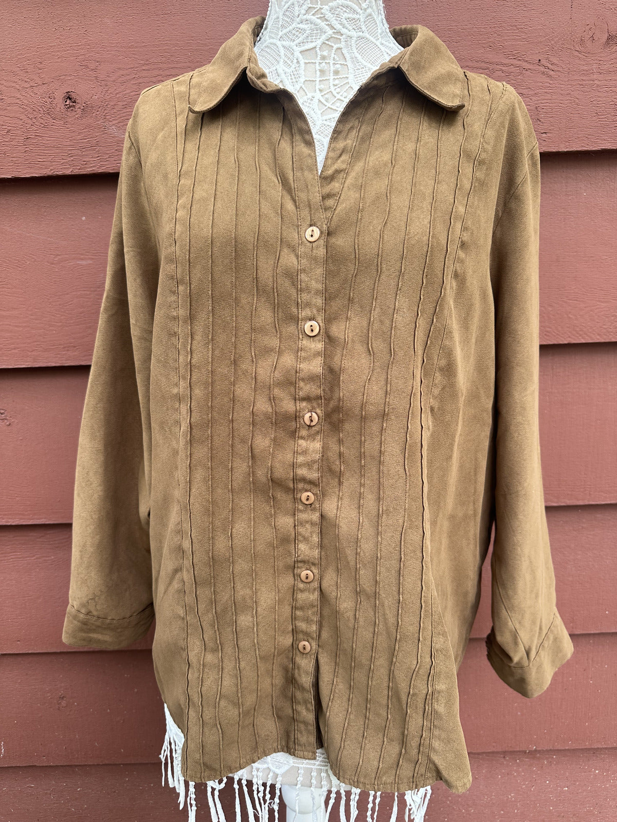 Lemon Grass Studio Faux Suede Button Up Shirt with Pintuck Detail Brown