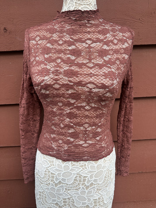 Vintage Sheer Lace Mock Neck Top Chocolate Brown Whimsigoth Y2K Office