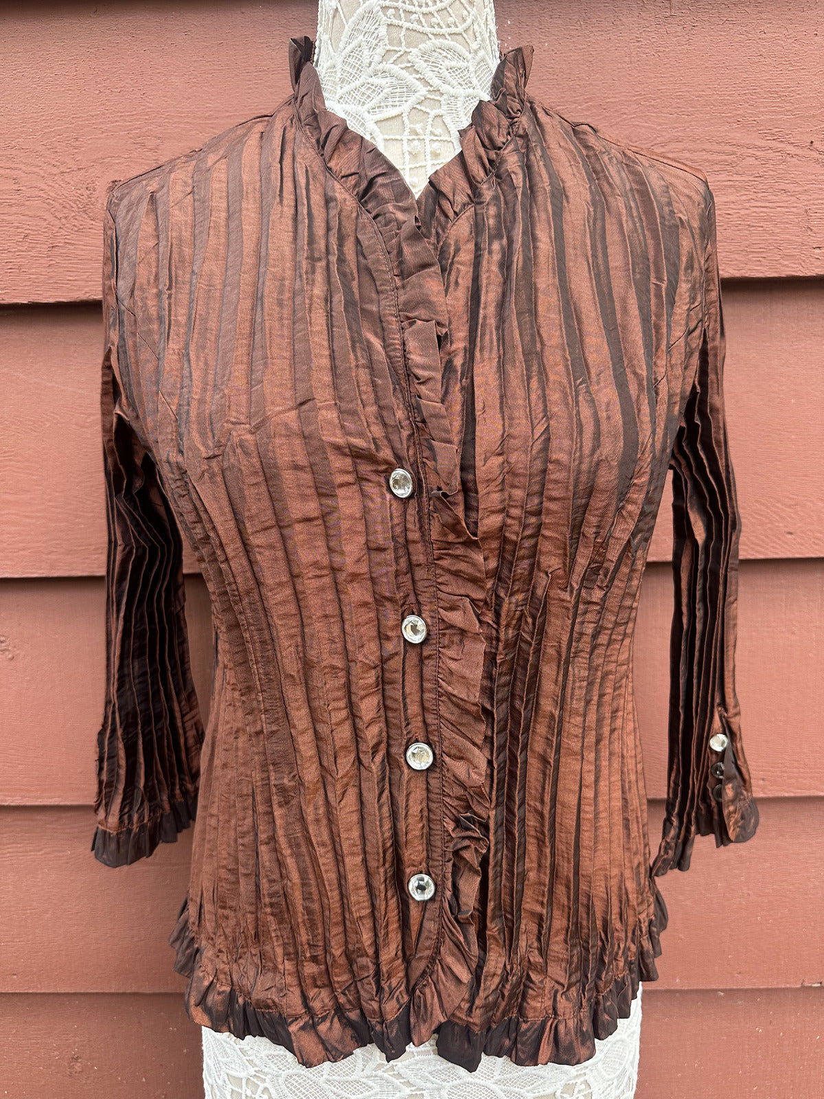 Agora Metallic Copper Accordion Pleated Blouse with Ruffle Trim