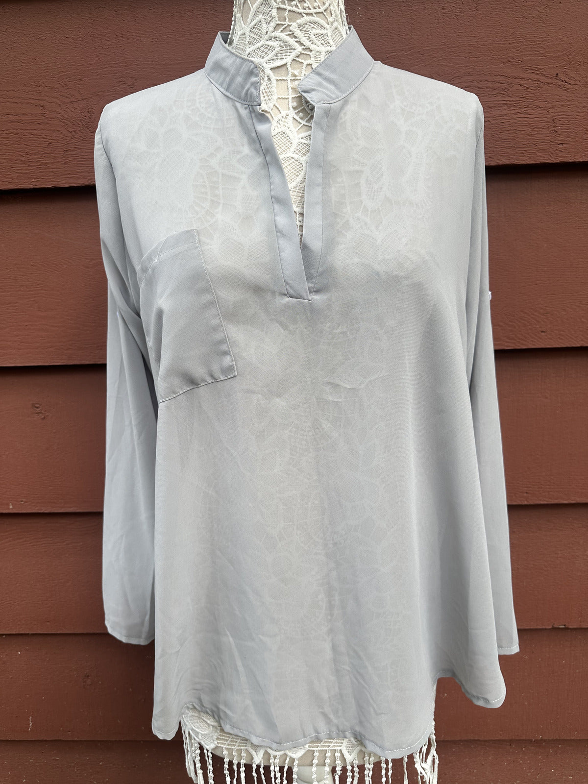 Light Gray Sheer Long Sleeve Blouse Casual Minimalist Tunic