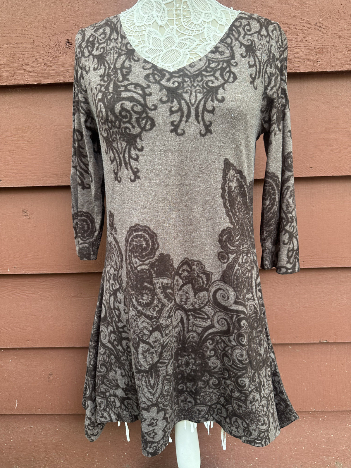 Papillon Brown Paisley Boho Tunic Dress with Asymmetrical Sharkbite Hem