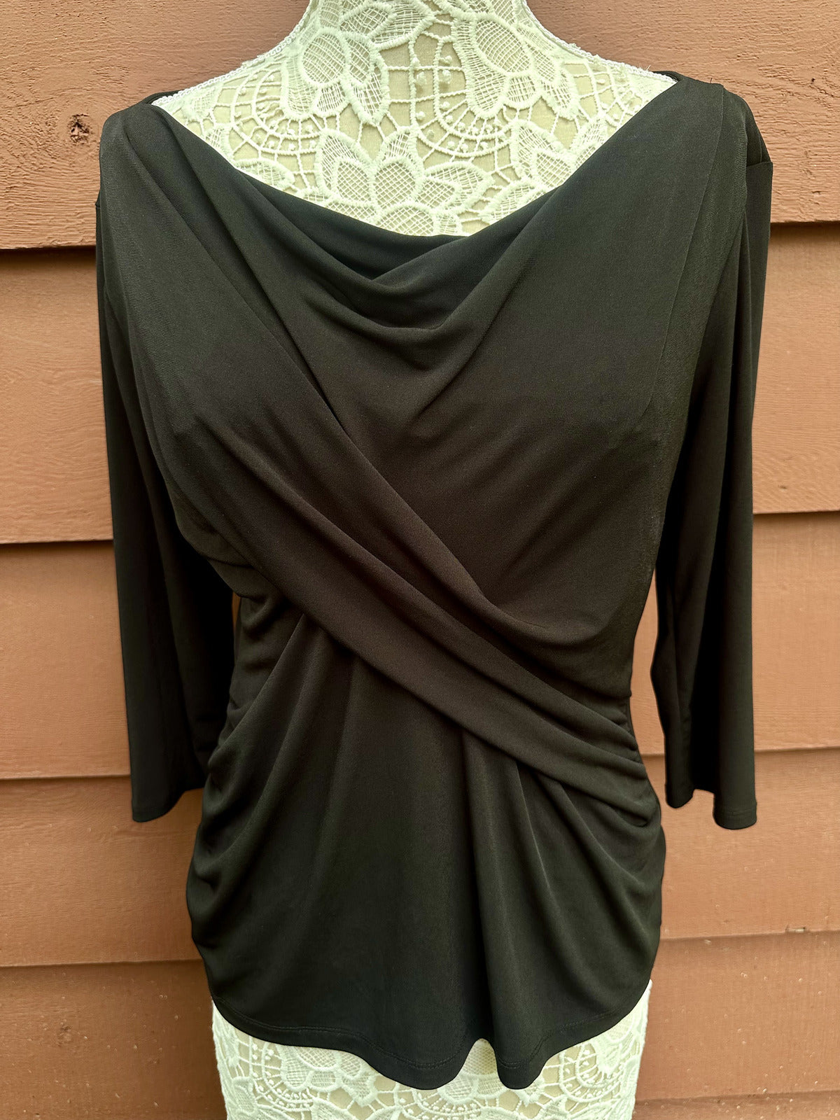 New York & Company Elegant Black Draped Cowl Neck Top 3/4 Sleeves Y2K