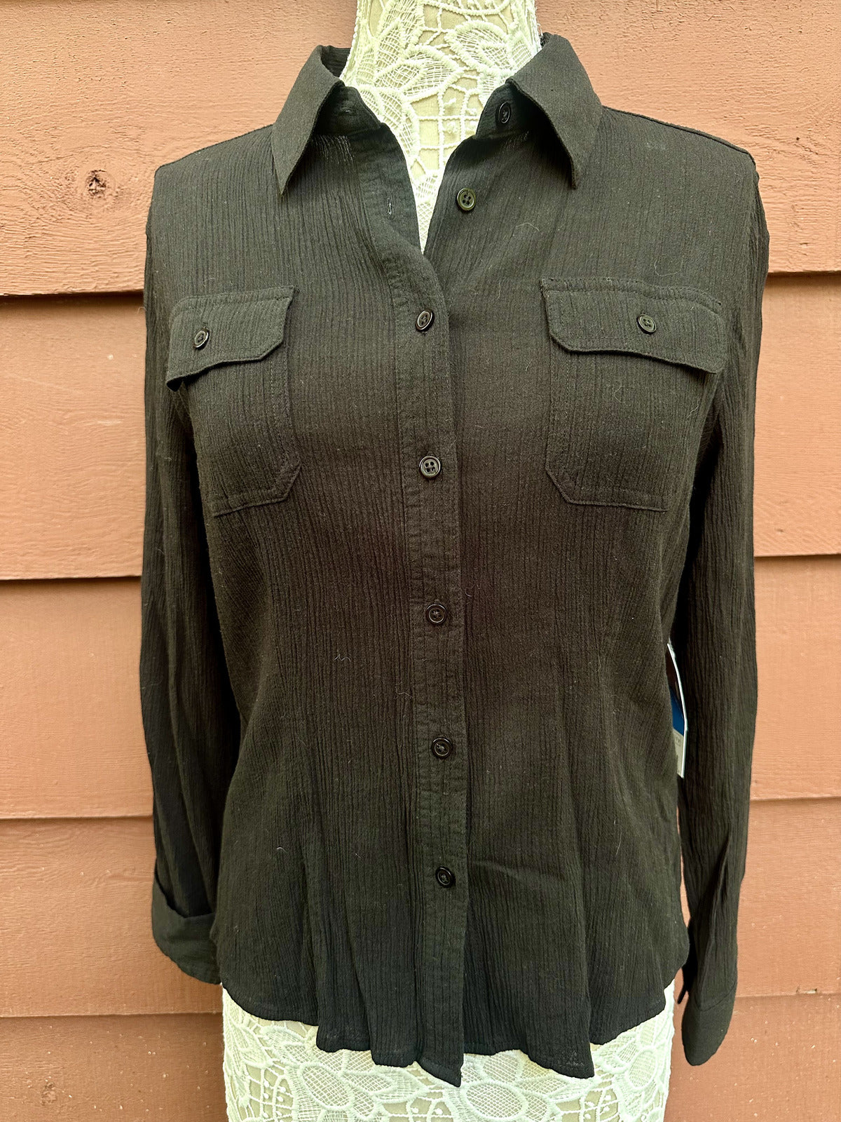 NWT Relativity Utility Long Sleeve Button Up Shirt Black Bohemian Casual