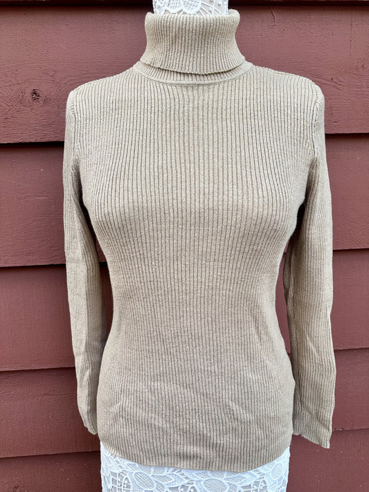 Basic Editions Beige Ribbed Knit Turtleneck Sweater Classic Minimalist 90s