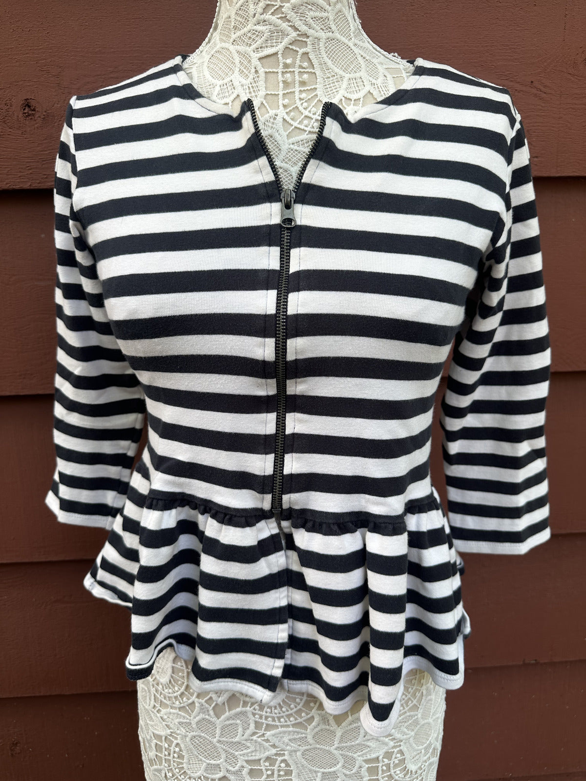 ZARA Trafaluc Navy White Striped Peplum Jacket with Front Zipper