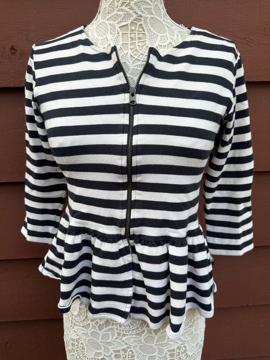 ZARA Trafaluc Navy White Striped Peplum Jacket with Front Zipper