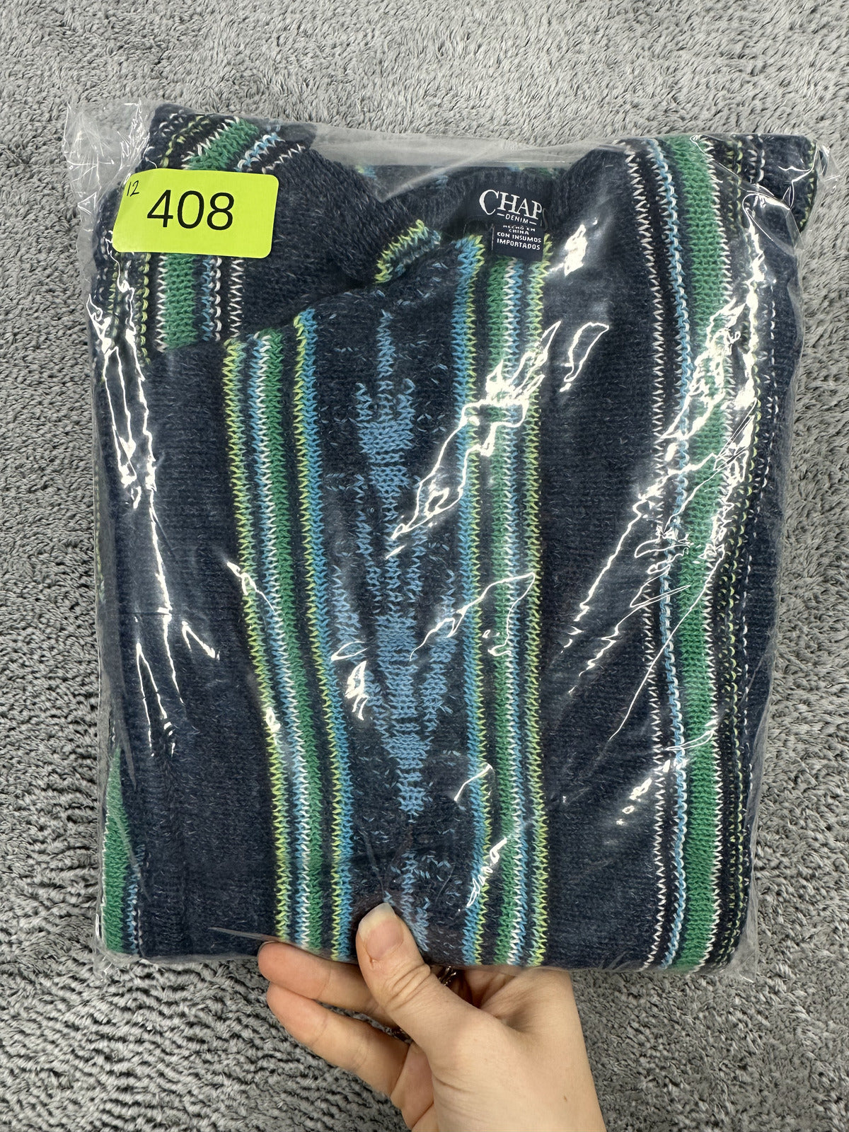 Chaps Vintage Striped Knit Poncho with Fringe Navy Green Bohemian Fall