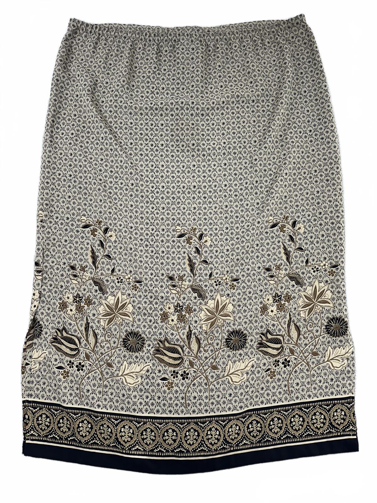 Vintage Venezia Jeans Floral Print Midi Skirt Beige Black Elastic Waist Tie