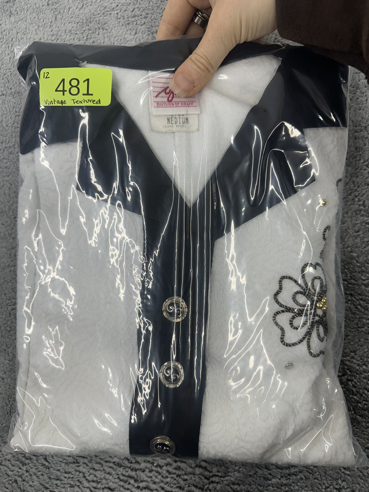 Vintage Textured White and Black Polo Shirt with Floral Embroidery