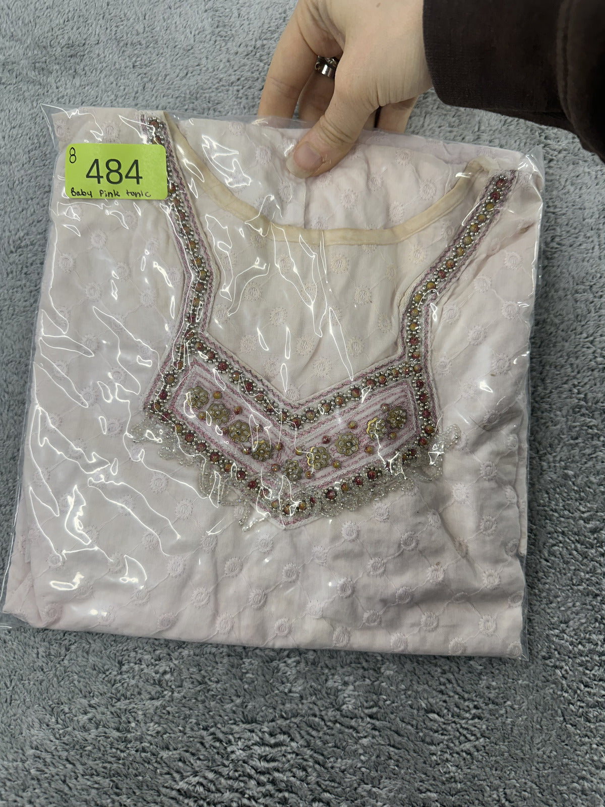 Vintage Baby Pink Embroidered Bohemian Tunic Dress with Beaded Neck